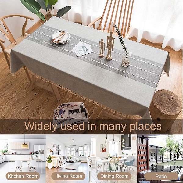 Rektangulær duk, bomulls- og linstruktur, rynkefri, vaskbar duk med dusker for kjøkken, spisestue og selskap (grå, 140x180cm(55x70.8 140x200cm(55x78.7inch)