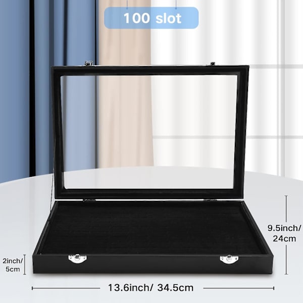 Ring Smykke Organizer Boks, 100 Slots Ringe Display Opbevaringskasse Øreringe Showcase - Sort Fløjl Smykkestativ Holder Bakke Med Gennemsigtigt Glaslåg -