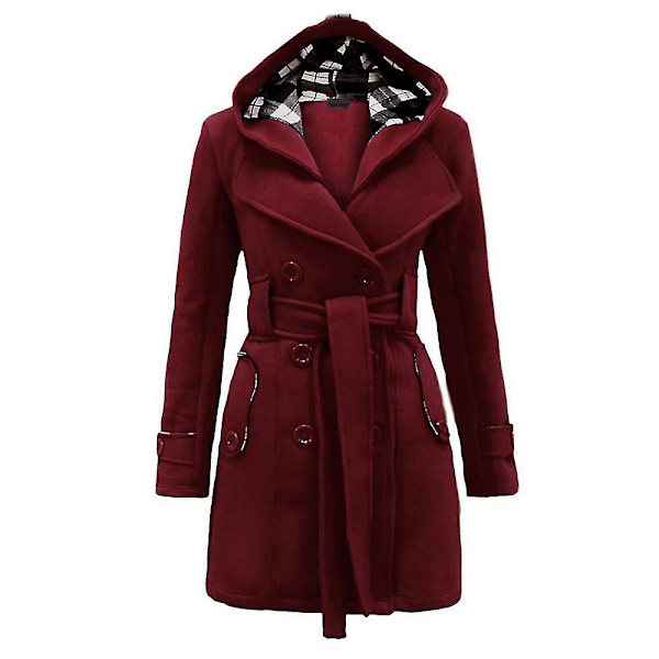 Kvinnors Hoodie Pea Coat Dubbelknäppt Vinter Filt Lång Jacka Med Midjebälte L Red