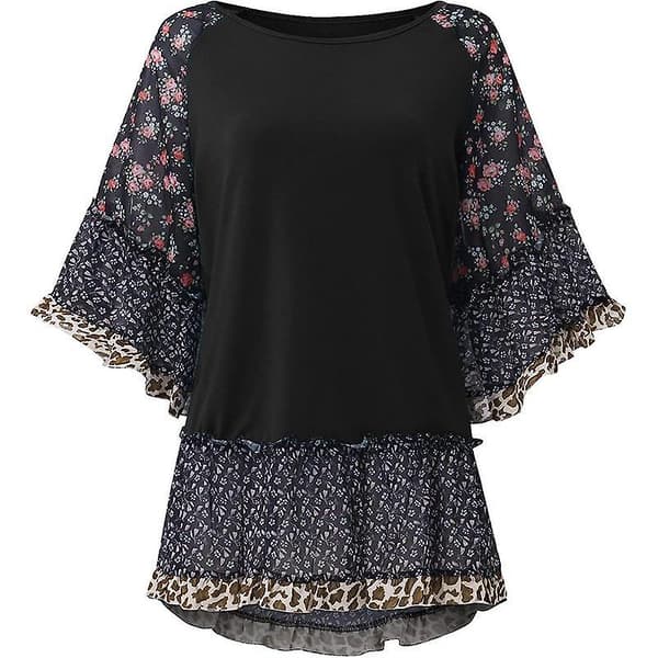 Kvinnor Casual Leopard Blommig Tryck Mid Ärm T-shirts Black M