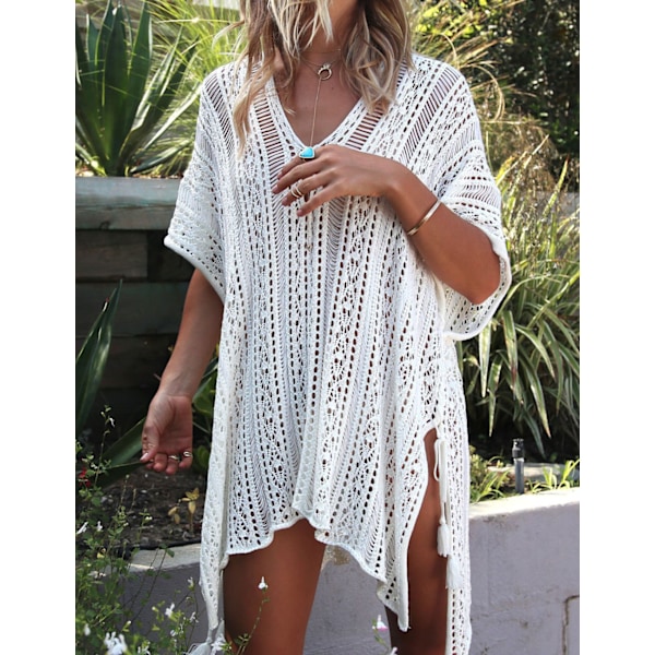 Dame Strikket Strandkjole Bikini Cover Up Sommer Strand Cover Up Bikini Bluse hvid