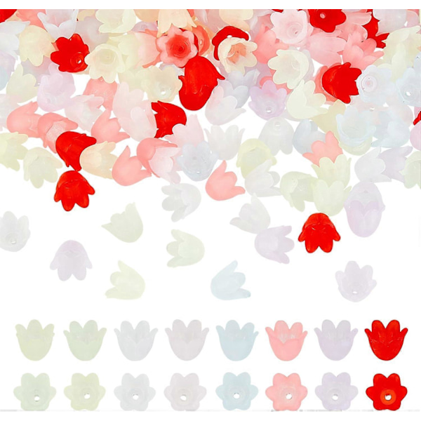 800 stk. 8 farger Akryl Perlehetter Frostet Blomsterform Perler Transparent 6-Blad Perle Endestykker for Halskjede Øredobber Smykkelaging