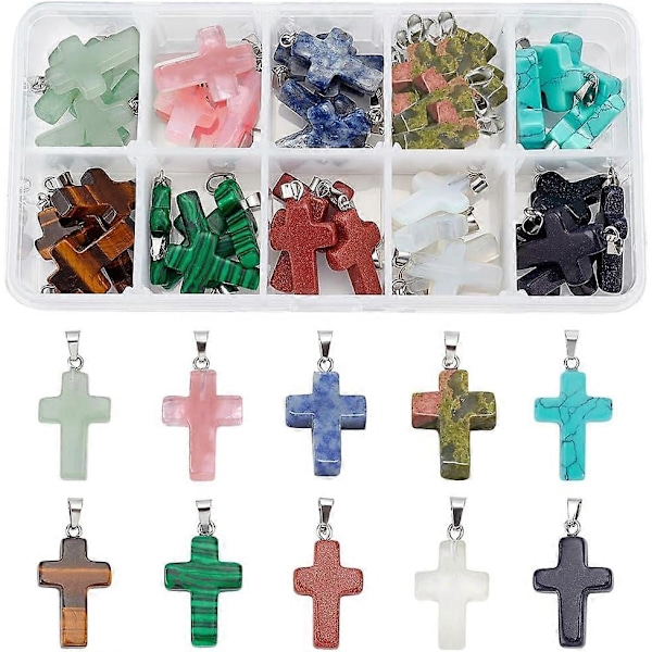 50 stk. Sten Kors Charms 10 Farve Ædelsten Vedhæng Kors Kvarts Krystal Chakra Charms