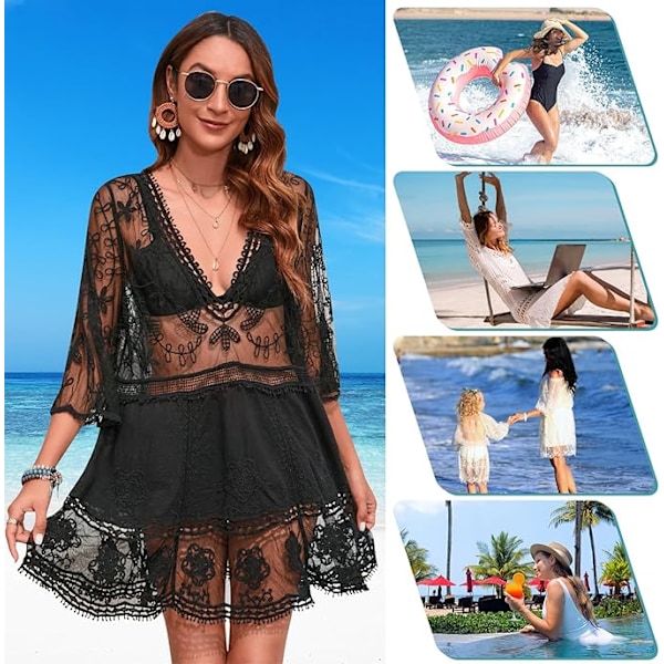 Strandklänning för kvinnor, spets V-ringad baddräkt transparent, strandponcho bikiniöverdrag, elegant sommarklänning för badmode, strandsemester svart