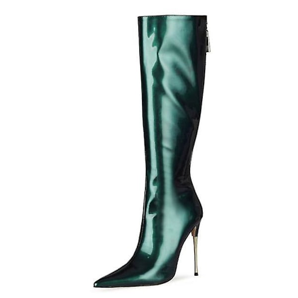 Dame Patent Læder Pu Høje Støvler Spids Tå Lynlås Bagpå Sexede Stiletstøvler Dark Green 38