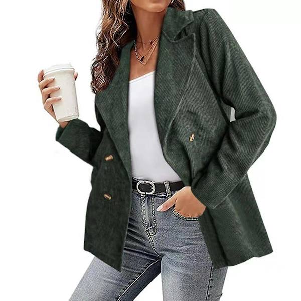 Kordfløyelsjakke for kvinner, ensfarget, løs jakke med jakkeslag, moteriktig yttertøy med lange ermer for XXXL Light Green