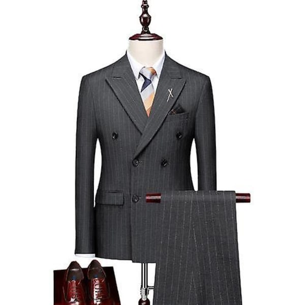 Herr 3-delad kostym i rutig slim fit, dubbelknäppt kostymset Dark Grey XS