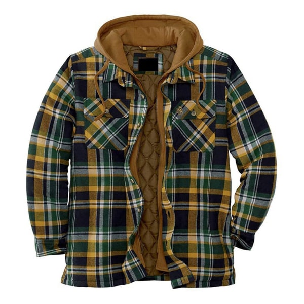 Quiltet Tykk Rutete Langermet Løs Jakke Herre Hettegenser Quiltet Foret Flanell Hette Full-zip Skjortejakke XXXL Green