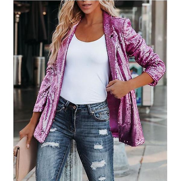 Kvinnors Sequinjacka, Glitter Sparkle Casual Långärmad Blazerrock Pink S