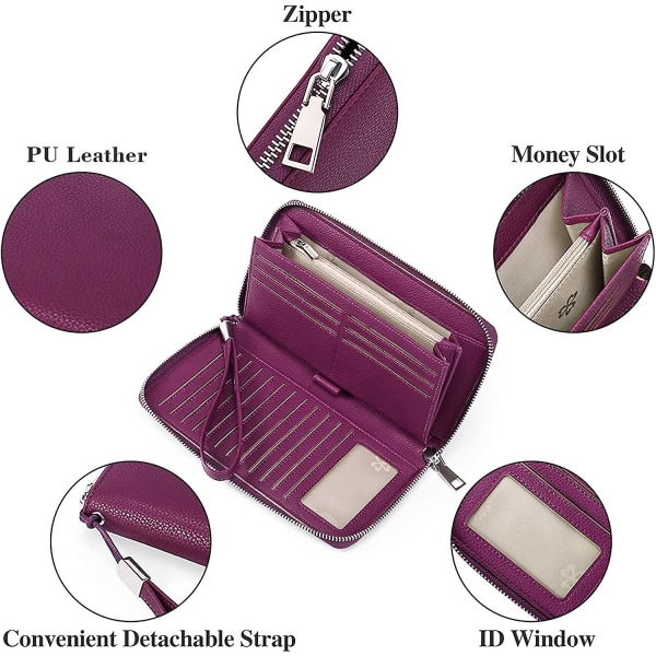 Damplånbok, Damplånbok i läder med stor kapacitet, Zip Clutch, Armband med Rfid-blockering och mer dark purple