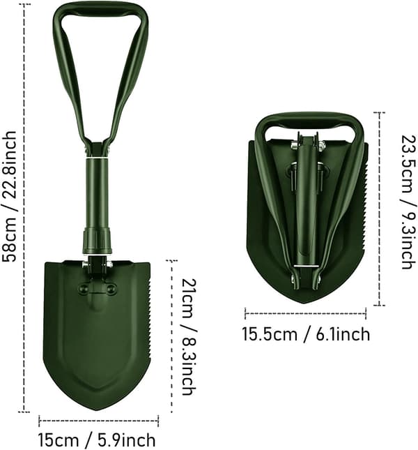 58cm hopfällbar spade, multifunktionsspade i kolstål (grön)