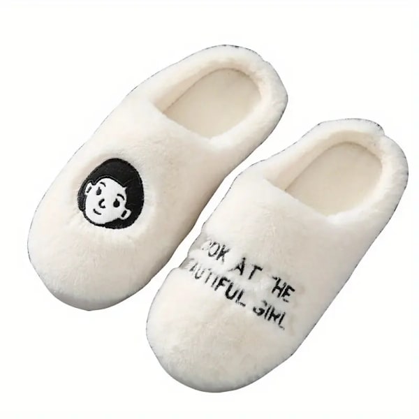 1 par damtofflor med tecknat mönster, söta slip on plyschfodrade skor, bekväma inomhusskor white EU40 41