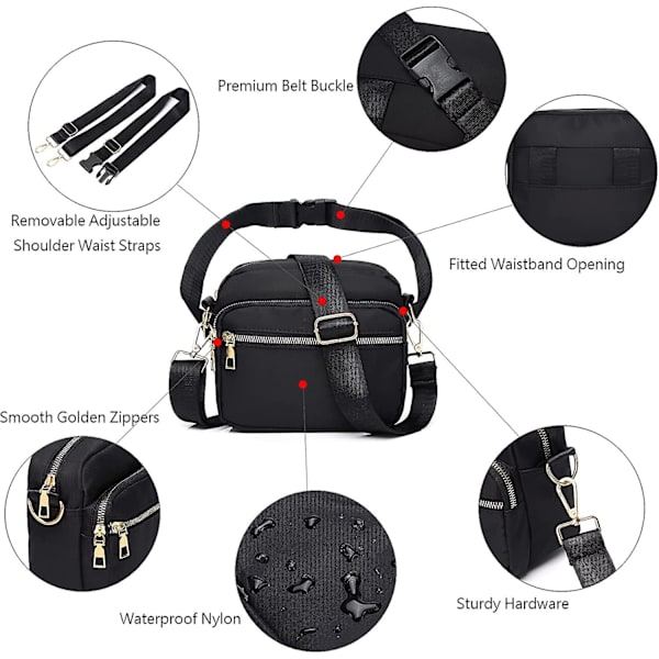 Kvinnor Nylon Crossbody Väska Vattentät Multi Fickor Axelväskor Liten Lätt Reseportemonnä Börs Justerbar Rem