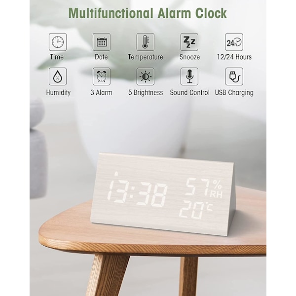 Trädigital väckarklocka, digital klocka med snooze/datum/temperatur och luftfuktighet - Vit
