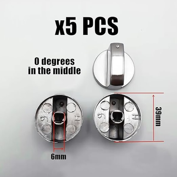 5 stk. gasskomfyrknotter, 6 mm gasskomfyrknotter, sølv kjøkkenredskapsknotter, universelle, reservedeler, egnet for komfyrer, ovner (sølv)