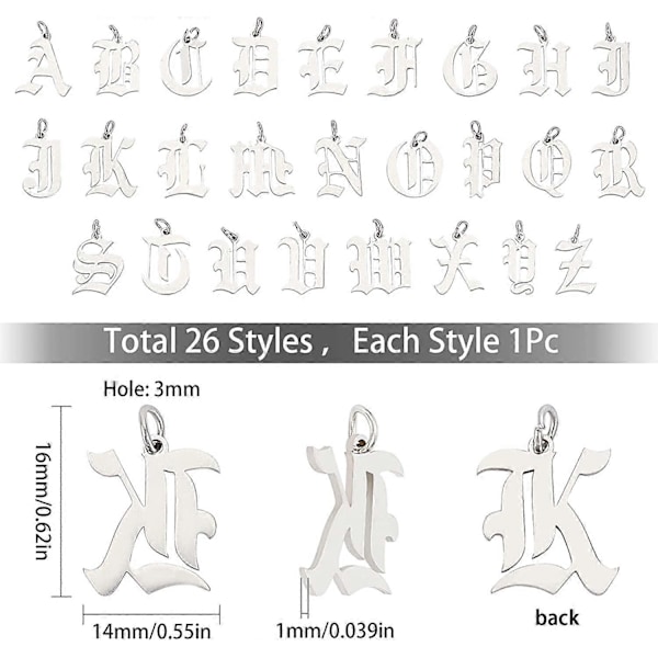 26 Alfabet Bogstav Charms Rustfrit Stål A-Z Flatback Metal ABC Hul Gotisk Tibetansk Stil Vedhæng Mini Initialer Perler med Hul til Personlig Je