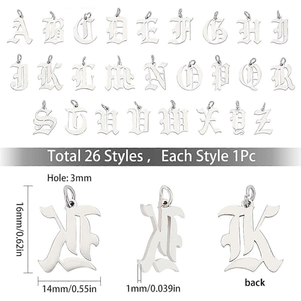 26 Bokstavsberlocker i Rostfritt Stål A-Z Platta Bak Siden Metall ABC Ihåliga Gotiska Tibetanska Stil Hängsmycken Mini Initialer Pärlor med Hål för Personliga Smycken