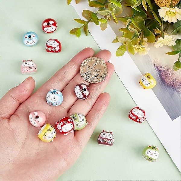 12 stk. 6 farver Lucky Cat Keramiske Perler Maneki Neko Porcelænsperler Håndlavede Fortune Cat Perler DIY Spacer Perler Løse Perler til Smykkefremstilling Halskæde