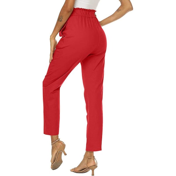 Kvinnor Volang Hög Midja Casual Byxor Elastisk Midja Byxor Red M