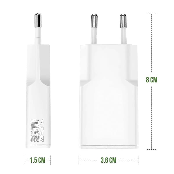 USB-C Sector Oplader GaN 30W Kompakt Format, Hvid