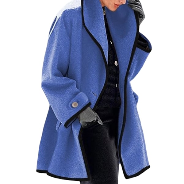 Kvinnors höst vinter ull kappa huva färg block ull kappa långärmad 2XL Blue