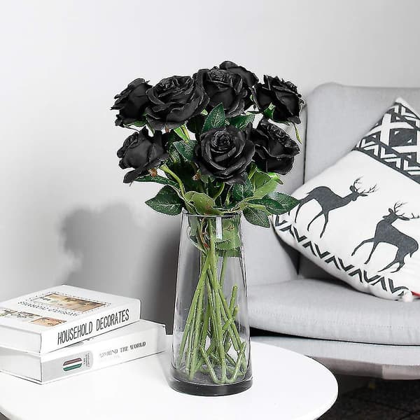 Kunstige roser blomsterarrangement silkebuket til hjemmefester brude bryllupsdekoration (sort) 10PCS