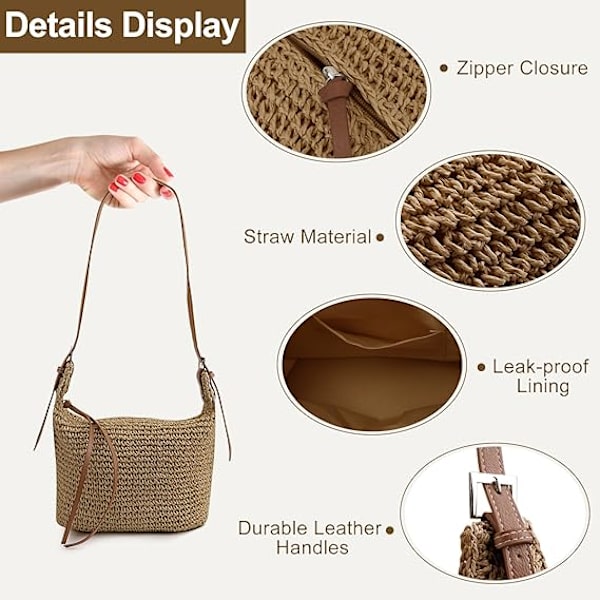 halmväska strandväskor för kvinnor, sommar halm crossbody väska strandväska med dragkedja handgjord vävd axelväska med tofsar halmhandväskor beige