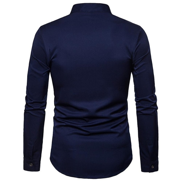 Herre Broderet Langærmet Slim Fit Button Down Casual Party Skjorte Navy Blue XXL