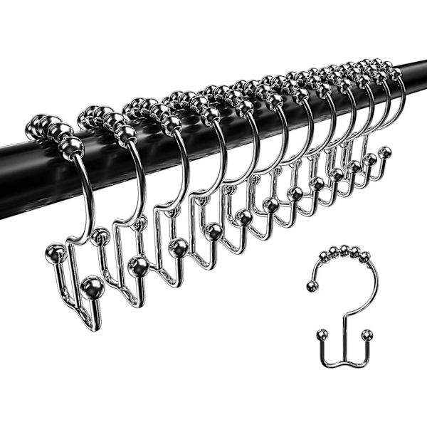 12-pack duschdraperikrokar, rostfria metalldubbelglidande duschdraperiringar för badrum duschdraperier - silver