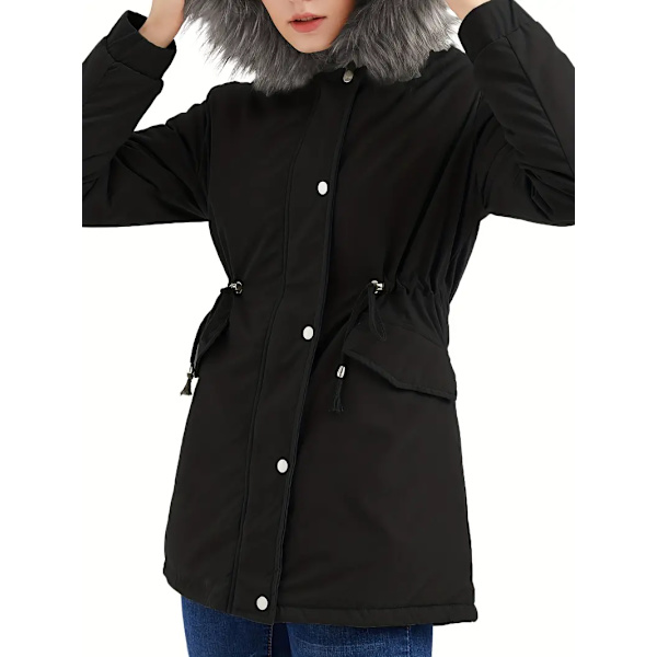 Fluffy Trim Varm Hættefrakke, Casual Snøre Langærmet Vinterovertøj, Dametøj black 4XL