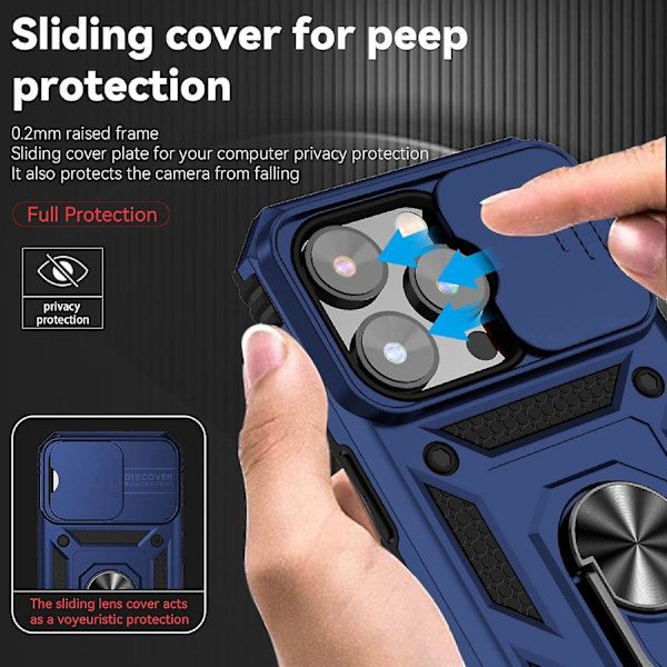 Pansarskydd för iPhone Stativfodral med Skjutbar Kameraskydd & Kickstand Militärklass Tungt Skydd med Magnetisk Hållare för iPhone14PRO (Blå)