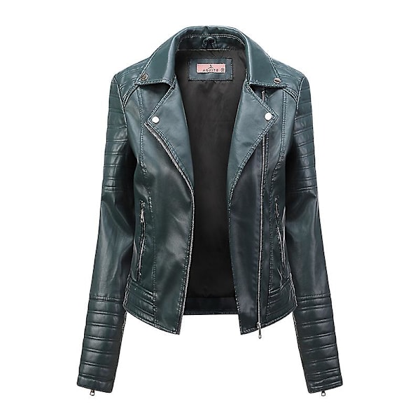 Damjacka i konstläder, hel dragkedja motorcykeljackor slim fit kappa Green XL