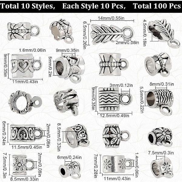 1 Ask 100 st Silver Bail Pärlor Bulk Bail Spacer Pärlor Charms Antik Tibetansk Rör Bailar Europeiska Hängare Länkar Connector Spacers Pärlor för Smycken Maki