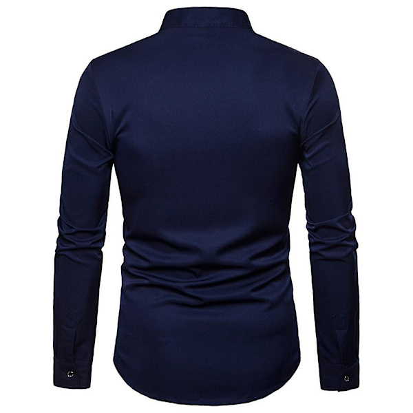 Herre Broderet Langærmet Slim Fit Button Down Casual Party Skjorte Navy Blue L
