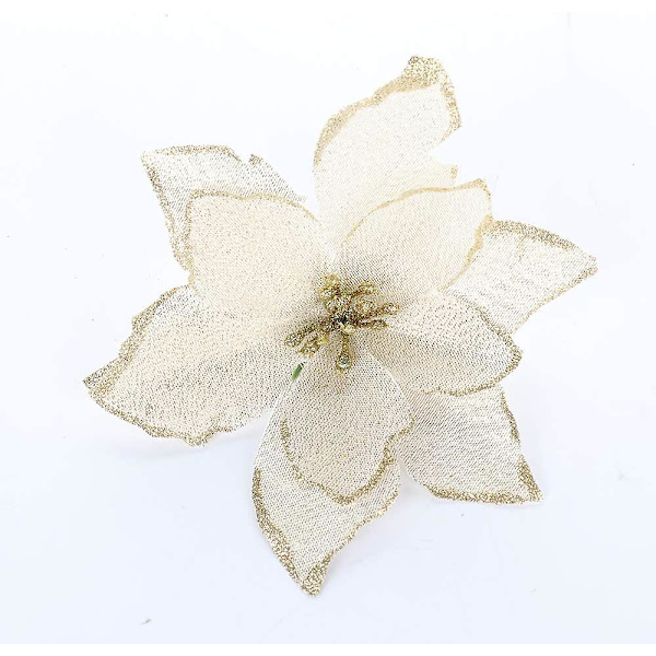 Sett med 12 kunstige glitter julestjerneblomster, gull, 13 cm