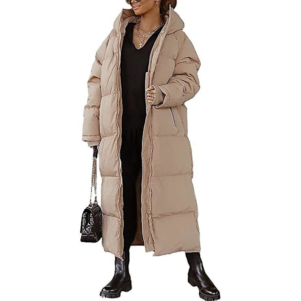 Kvinnors långa quiltade kappa, huvtröja längd långärmad pufferjacka Khaki M