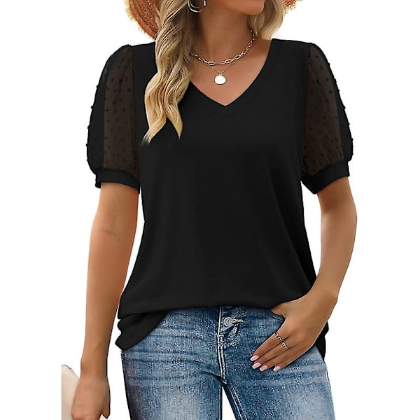 Dame Sommer Kortærmet V-Hals Casual Bluse Toppe Black M