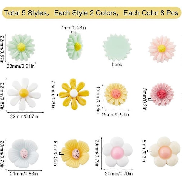 80 STK 10 Stilarter Cabochon Blomster Resin Charms 3D Daisy Blomster Flatback Mini Tusindfryd Løse Perle Cabochons Charms