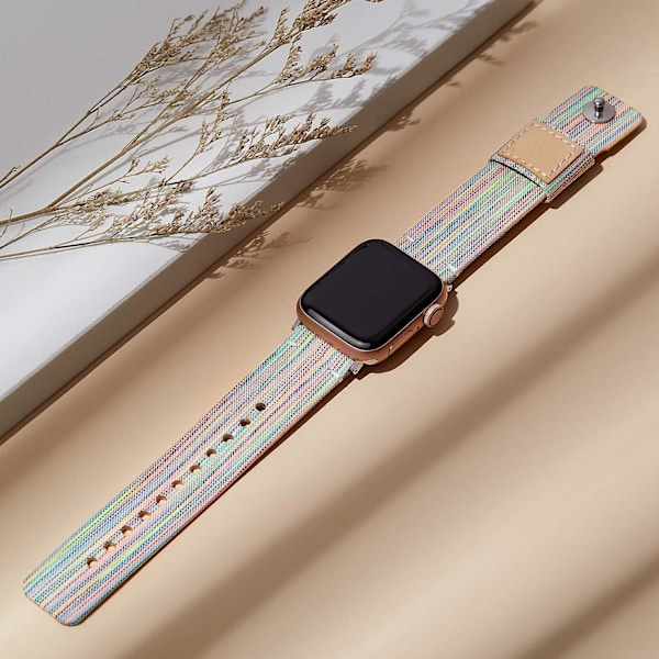 Tygband kompatibel med Apple Watch 41mm 40mm 38mm, Canvasband med mjukt äkta läderfoder och tryckknapp för Apple Iwatch Series 7/6/5/