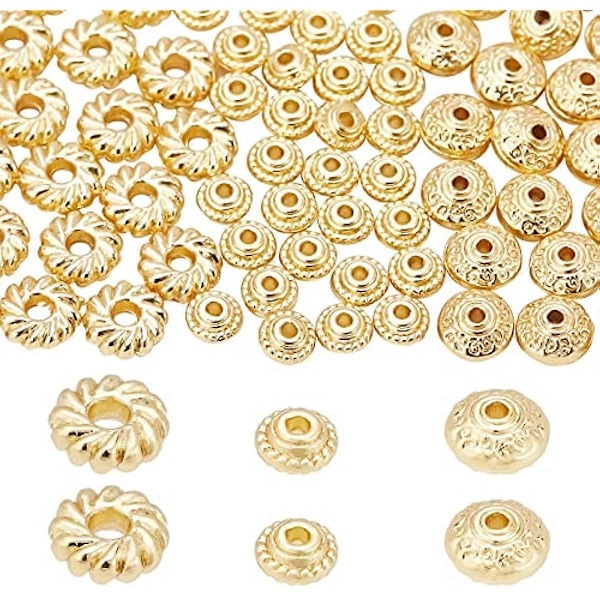 90 st 3-stilar 18K guldpläterade runda lösa pärlor Carved Alloy Spacer Beads för DIY-halsband armband smyckestillverkning