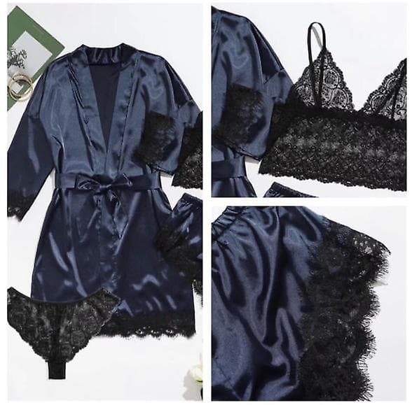 Dame 4-delt Pyjamas Satin Pyjamassæt med Morgenkåbe Navy Blue L
