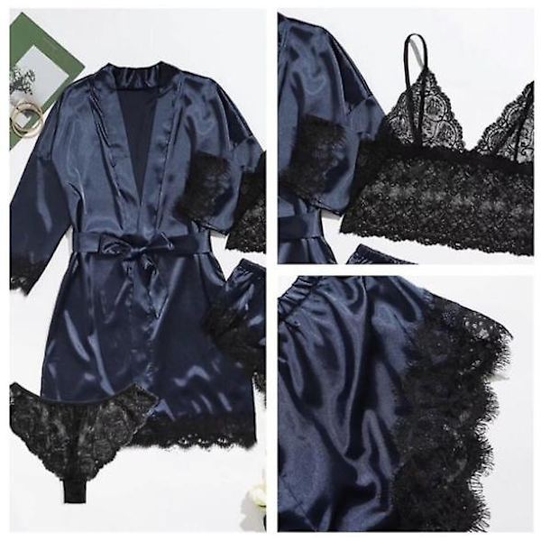 Naisten 4-osainen satiinipyjamasetti kylpytakilla Navy Blue L