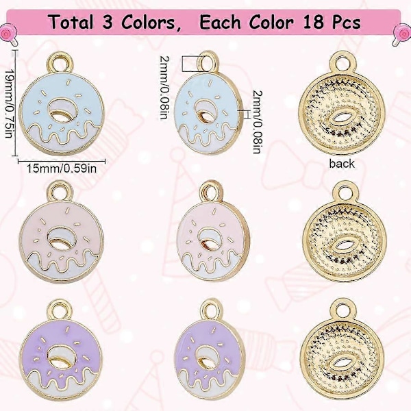 1Ask 54 st 3 Stilar Emalj Donut Berlocker Bulk Mini Mat Berlocker Söta Legering Doughnut Rosa Hoop Söt Dessert Charm