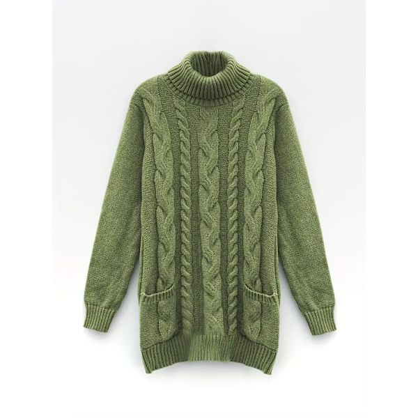 Twist Mønster Rullekrave Pullover Sweater, Casual Langærmet Sweater Til Efterår & Vinter, Dametøj 2XL