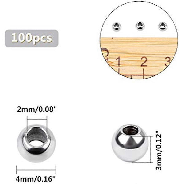 100 st Små Runda Metallpärlor 2mm Litet Hål Kul Spacer Pärlor 4mm Dia Rostfritt Stål Pärla Lösa Pärlor Metall Spacers för Smyckestillverkning