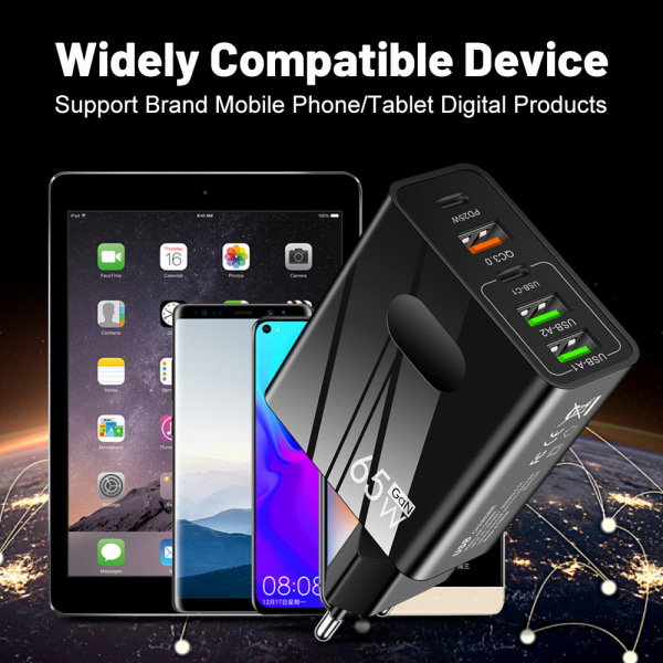 65W PD Multiport Hurtigoplader - PD og 3 USB-porte Adapter hvid