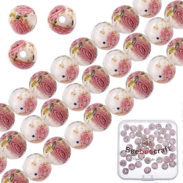50 st 8mm Lampwork Glaspärlor Guld Sand Lampwork Runda Lösa Distanspärlor Blomma Inlagda Distanspärlor för Armband Halsband Rosenkrans Tillverkning (Vit)