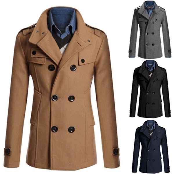Herr Dubbelknäppt Vinterjacka Vintage Mode Trenchcoat Enfärgad 2XL Khaki