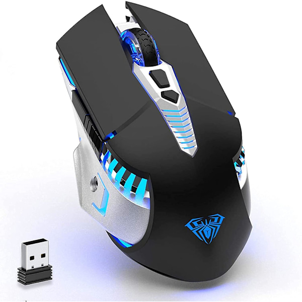 Bluetooth-mus, oppladbar trådløs gamingmus for flere enheter (BT 5.0/3.0+USB) med sideknapper, RGB LED-lysende ergonomisk trådløs datamus