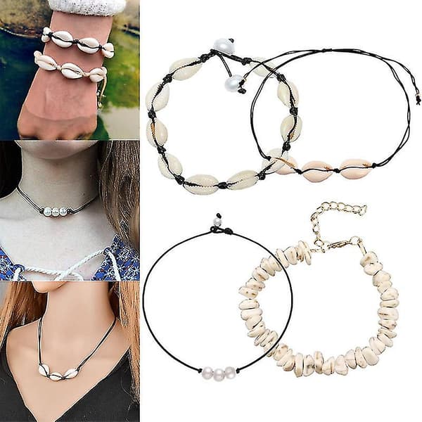 4 st Shell Armband Justerbar Pärla Naturals Shell Handvävd Armband Set